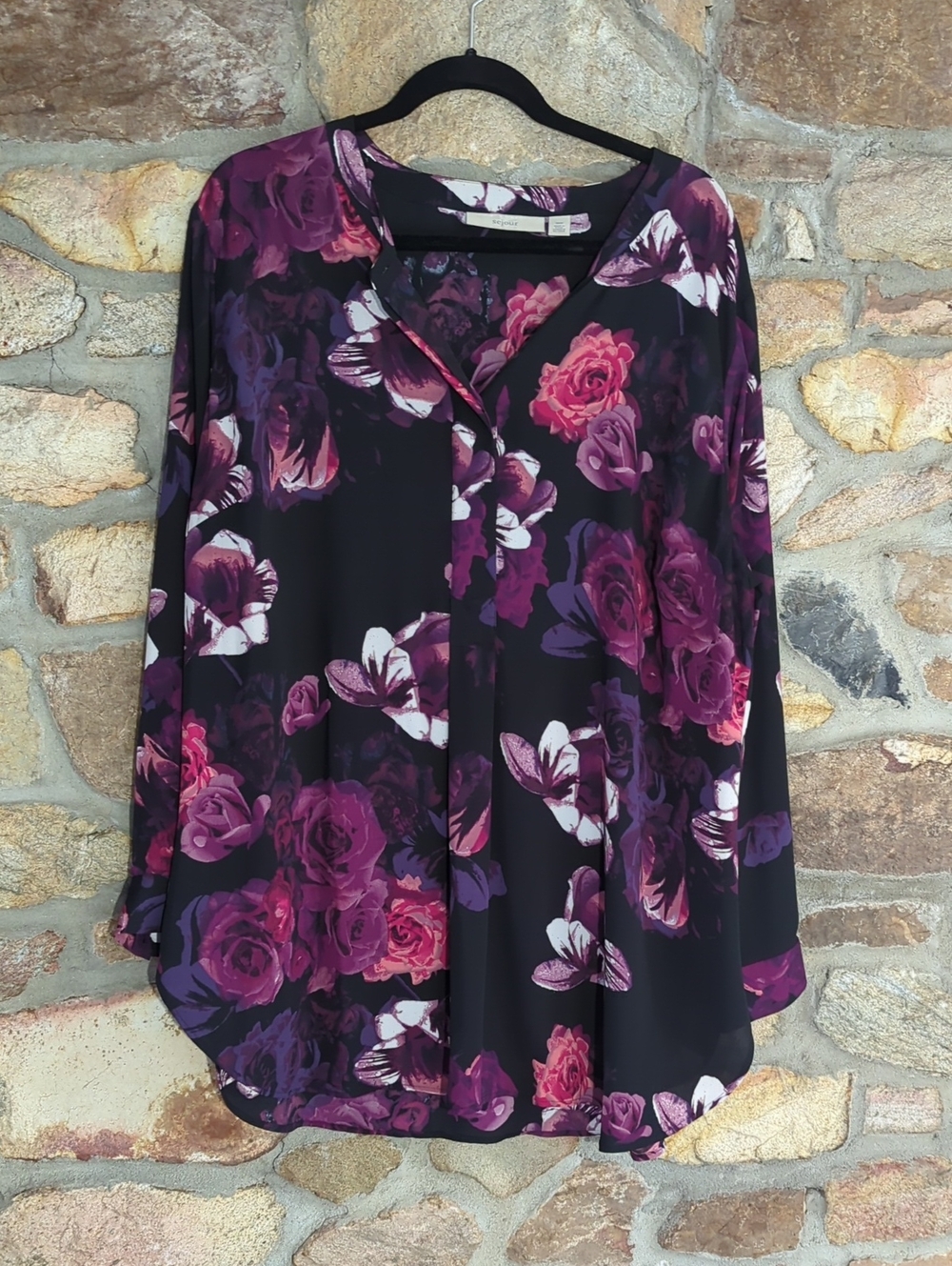 Sejour Black Blouse with Purple & Pink Rose Print